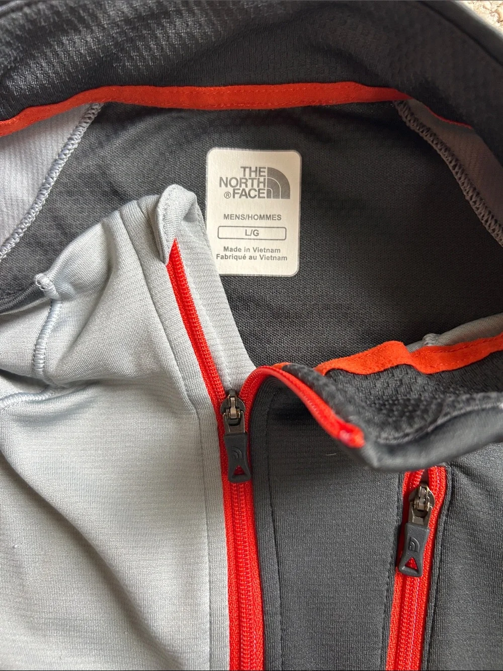 Men’s The North Face Gray Pullover 1/4 Zip with Black Panel and Orange Zipper, L